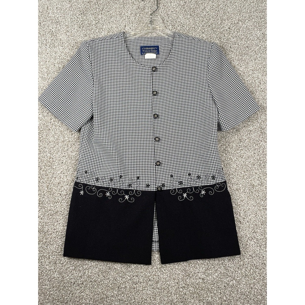 VTG Willow Ridge Black White Check Button Up Embroidered Shoulder Pad Blouse 8